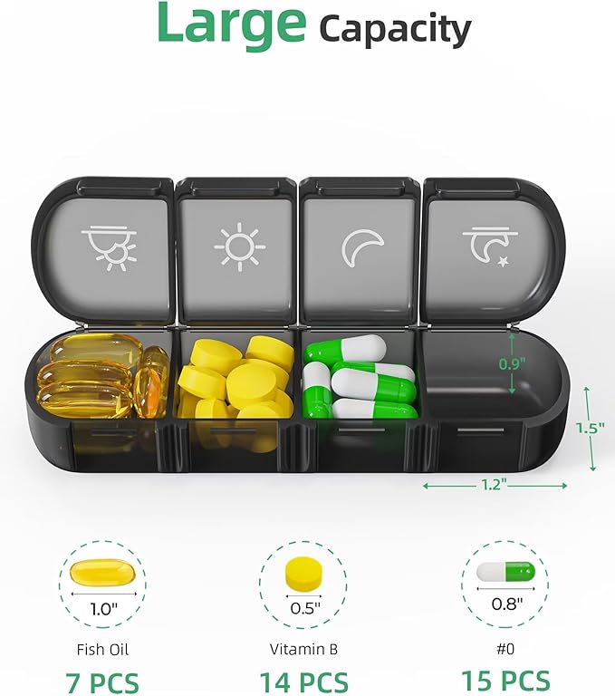 PULIV Weekly Pill Organizer 4 Times a Day with a Business Stylish Bag, Portable Pill Box 7 Day with 28 Compartments for Men, Removable Pill Sorters to Store Vitamin, Medication, Fish Oil, Supplements