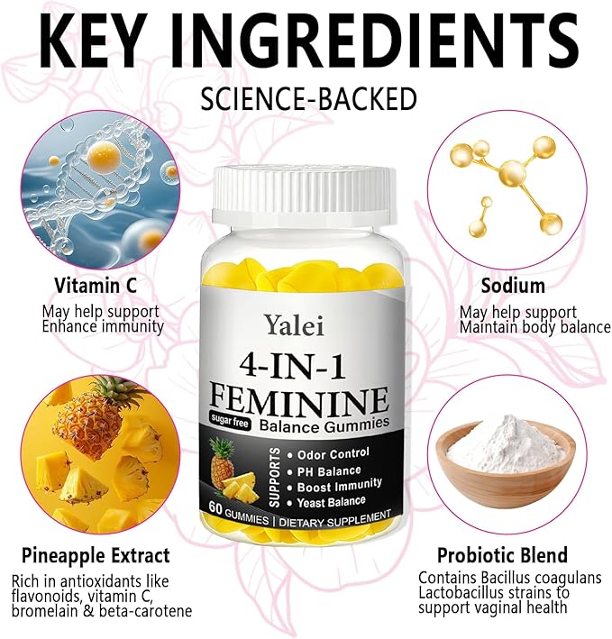 4-in-1 Nuora Premium Feminine Balance Gummies & PH Balance Gummies for Women - Immune Support & Healthy Odor & Flora - Vegan,Non-GMO - Hawaiian Pineapple,60 Count