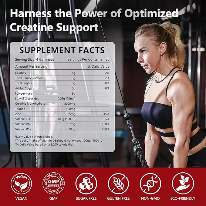 Creatine Gummies for Women, 5000mg Pre-Workout Muscle Strength & Energy Support, 0 Sugar Creatine Gummy with L-Taurine, Zinc, B12 B6, Strawberry Flavor, Vegan - 120 Gummies