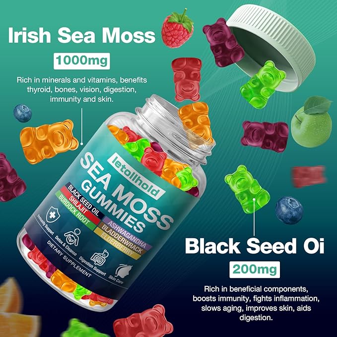 Sea Moss Gummies - Irish Sea Moss Gummies Advanced for Adults with Ashwagandha Bladderwrack & Burdock Root for Supports Immune，Energy - 60 Vegan Gummy,2PCS