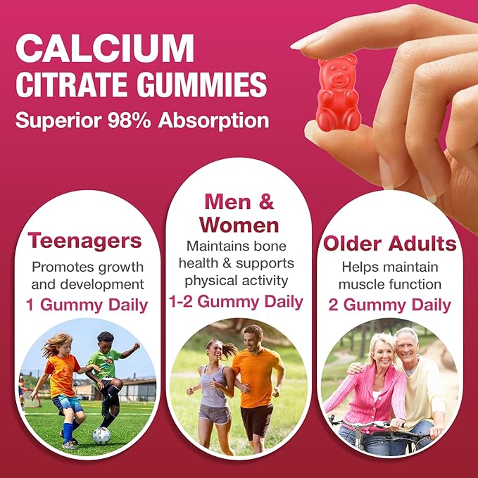Calcium Citrate Gummies 1200mg - Sugar-Free Chewable Supplement for Women & Men with Bone, Muscle & Immune Support - Raspberry Flavor, 60 Count