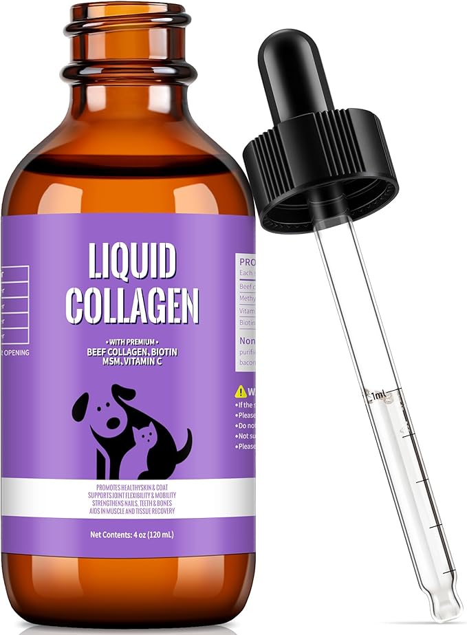 Liquid Collagen for Dogs with Premium Grass-Fed Collagen, Skin & Coat Support, Hip & Joint Mobility, Itch Relief, Digestive & Immune Health, with MSM, Biotin & Vitamin C, 4 fl oz