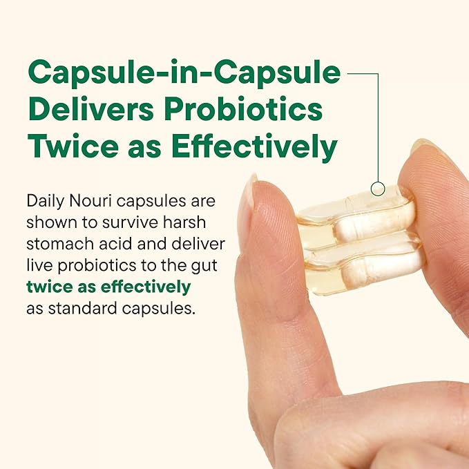 Daily Nouri Stress Support Probiotics for Women & Men | Mood & Cortisol Support | Gut-Brain Axis + Digestive Support | 3 Clinically Studied Strains + Omega | 60-Day Supply