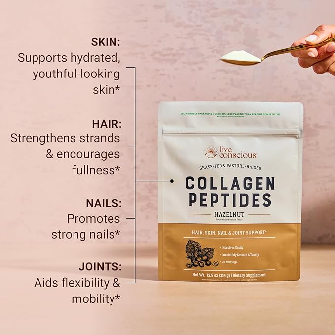 Live Conscious Collagen Peptides Powder - Hazelnut Collagen Powder - Hair, Skin, Nail, & Joint Support - Type I & III Grass-Fed Collagen Supplements for Women and Men - 30 Servings (2-Pack) - 12.4oz