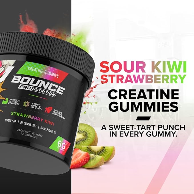 Bounce Pro Creatine Monohydrate Gummies for Men & Women, Low Calorie, 6G of Creatine per Serving, Vegan, Anti-Melting, Gluten-Free, Non-GMO (72 Count (Pack of 1), Strawberry Kiwi)