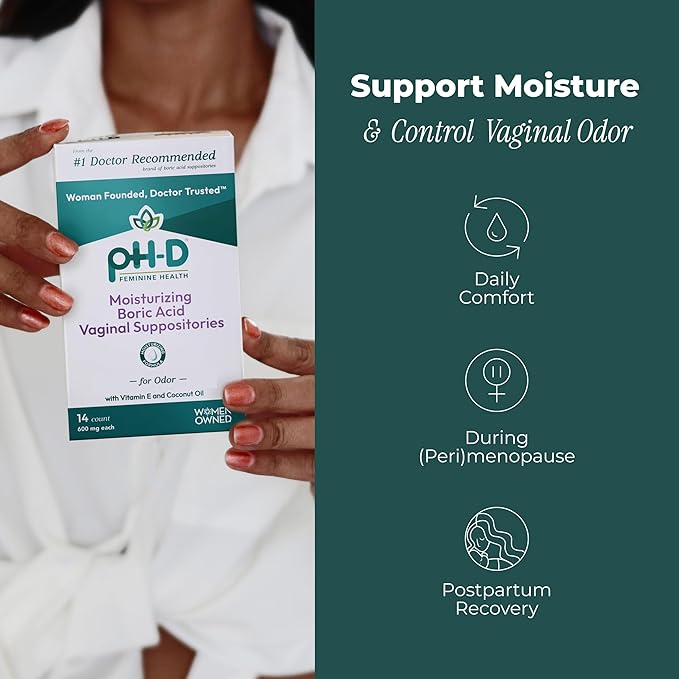 pH-D Feminine Health Support - Boric Acid Moisturizing Suppository - Woman Owned - for Vaginal Odor - Paraben-Free and Cruelty-Free - 14 Count