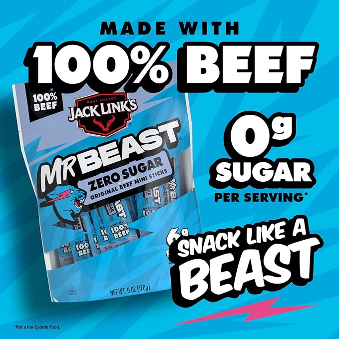 Jack Link’s x MrBeast Beef Sticks, Zero Sugar Mini Beef Sticks, As Seen on Beast Games, 6g Protein, Made with 100% Real Beef, Pantry-Ready Snacks, 12 Count