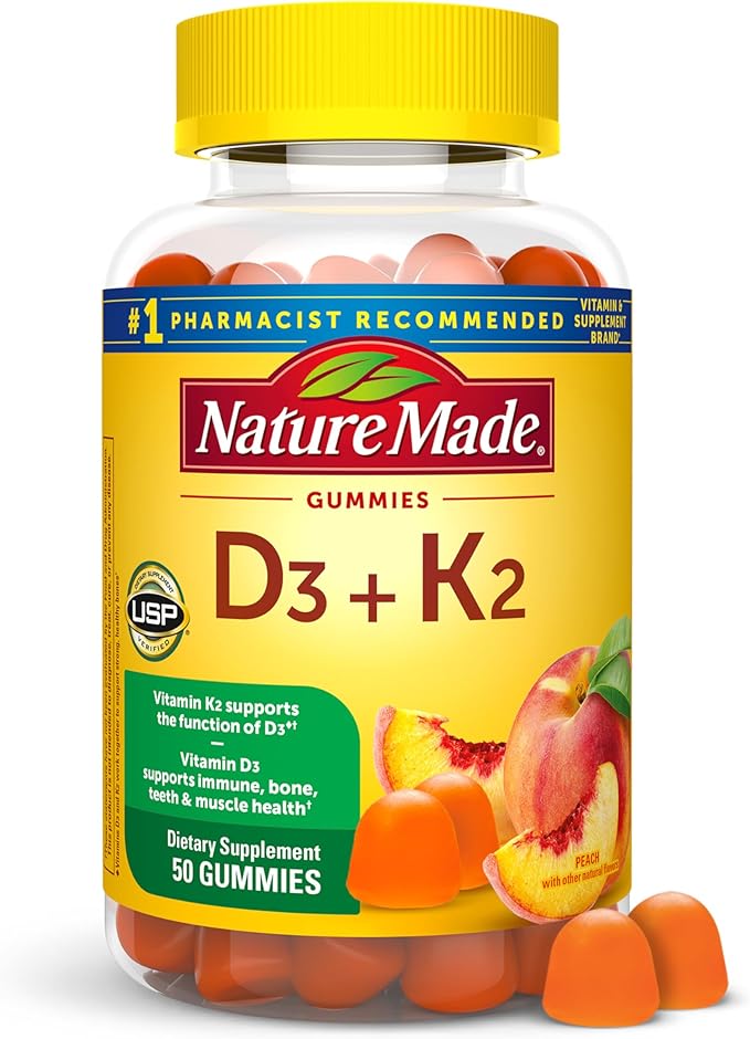 Nature Made Vitamin D3 K2 Gummies, Vitamin D 5000 IU Per Serving for Bone, Teeth, Muscle and Immune Support, 50 Gummy Vitamins, 25 Day Supply