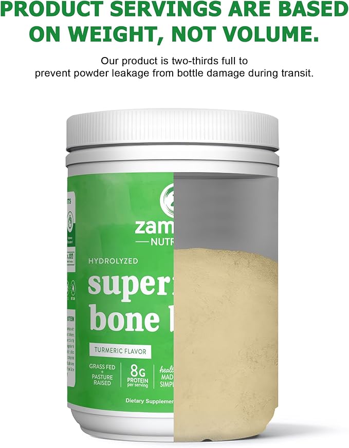 Zammex Bone Broth Plus Superfood Protein Powder (Turmeric Flavor), 8g Hydrolyzed Protein with Vitamin D, for Healthy Skin, Nails, Hair, Joints & Digestion,Non-GMO (30 Servings)