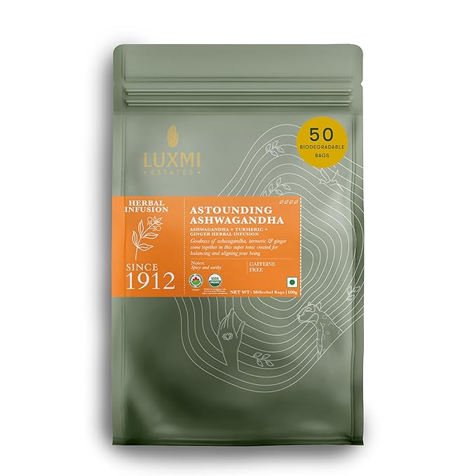 Luxmi Estates Ashwagandha Turmeric | Organic Adaptogen Tea | Stress Relief & Immunity Support | 50 Biodegradable Tea Bags | 100g/3.52oz