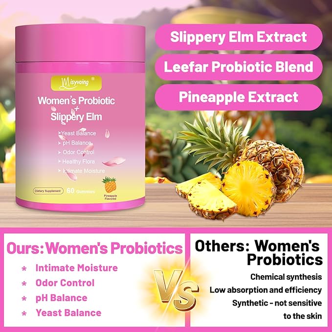 Her Juicy Feminine Probiotics Gummies for pH Balance - Slippery Elm, Lactobacillus Blend - Gut & Immune Support - Pineapple Gummies, 60 Count (Pineapple)