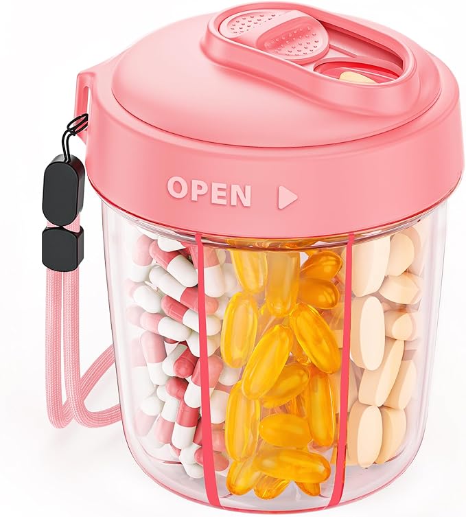 AUVON Large Pill Dispenser Can Store 7 Various Supplements, Travel Pill Organizer Bottle with Anti-Mix Design, Arthritis-friendly Pill Holder with Wide Opening & Slider Lid, Includes 20 Blank Stickers