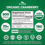 Zazzee USDA Organic Cranberry 25:1 Extract, 500 mg per Capsule, 180 Vegan Capsules, 6 Month Supply, Certified Kosher, Vaccinium Macrocarpon, Urinary Tract & Bladder Support, Non-GMO, Made in the USA