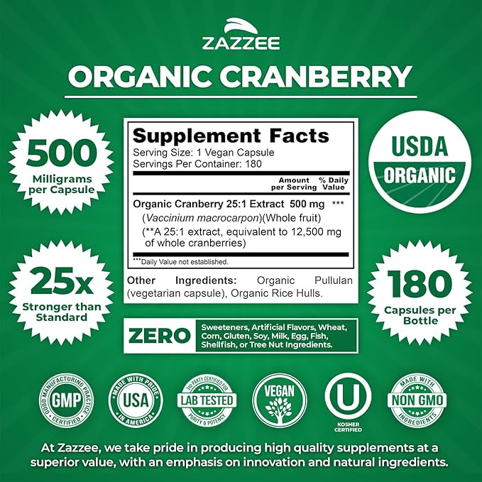 Zazzee USDA Organic Cranberry 25:1 Extract, 500 mg per Capsule, 180 Vegan Capsules, 6 Month Supply, Certified Kosher, Vaccinium Macrocarpon, Urinary Tract & Bladder Support, Non-GMO, Made in the USA