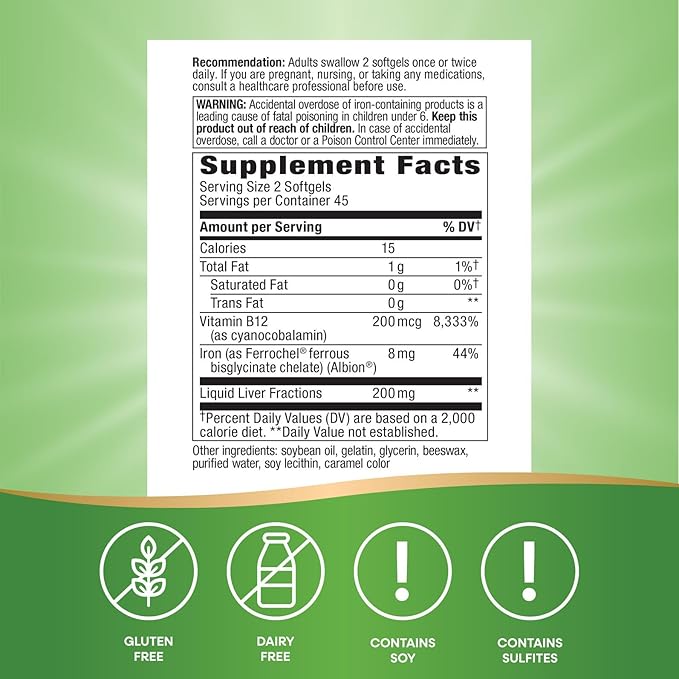 Nature's Way Energizing Iron - Red Blood Cell Support* - 8 mg Iron, -200 mcg of Cyanocobalamin & Vitamin B12 per 2-Softgel Serving - Gluten Free - 90 Softgels
