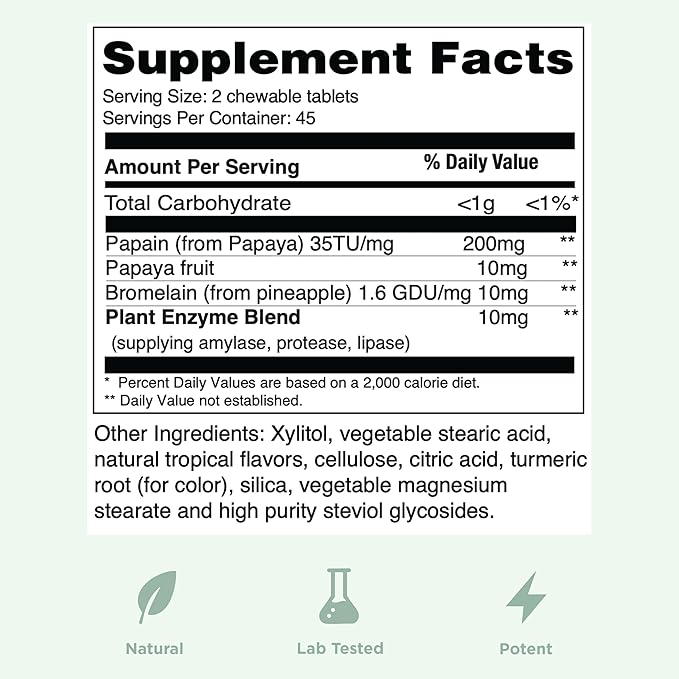 Yuve Naturals Chewable Papaya Enzymes - Sugar-Free Plant-Based Digestive Enzyme Complex for Gas, Bloating & Post-Meal Comfort - Vegan, Non-GMO, Gluten-Free - (2 Pack of 90ct)