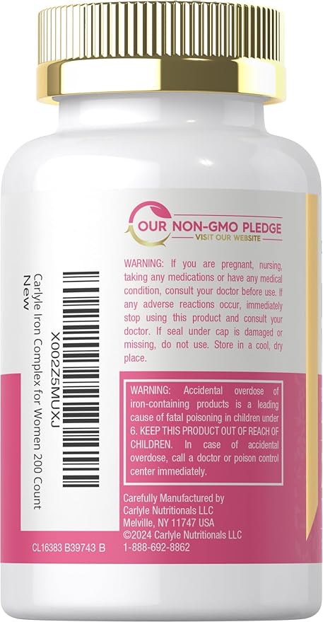 Carlyle Iron Supplement for Women | 200 Slow Release Tablets | Vegetarian, Non-GMO, Gluten Free Pills | for Her