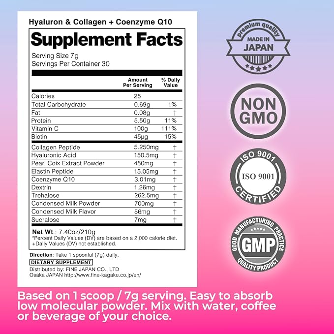 FINE JAPAN Collagen Peptides. Hyaluronic Acid & Collagen + Ubiquinol. Marine Collagen Powder with Elastin. Non-GMO. Supports Skin, Hair, Joints and Bones (210g/7.4oz for 30 Days) Set of 3