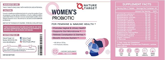 NATURE TARGET Probiotics-for-Women with Prebiotics, Cranberry and D-Mannose, 60-Billion-CFUs, Women's Probiotic for Digestive Health/Gut Health/Immune Booster