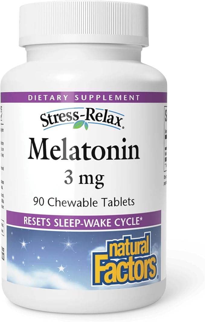 Stress-Relax Melatonin 3 mg by Natural Factors, Natural Sleep Aid, Resets the Sleep-Wake Cycle, 90 chewable tablets (90 servings), Peppermint Flavor