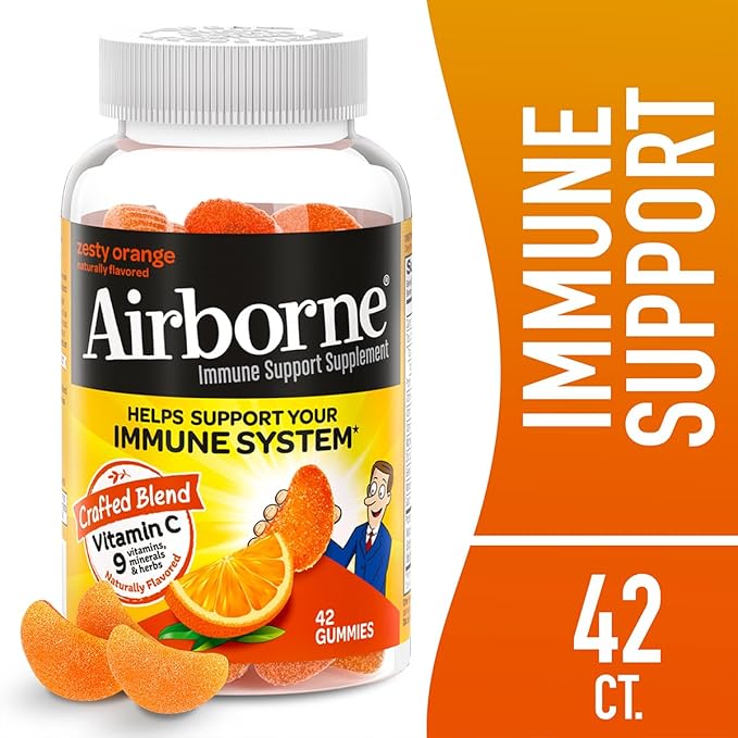 Airborne 750mg Vitamin C Gummies for Adults, Immune Support Supplement with Powerful Antioxidants Vitamins C & E - 42 Gummies, Zesty Orange Flavor (2 Pack)