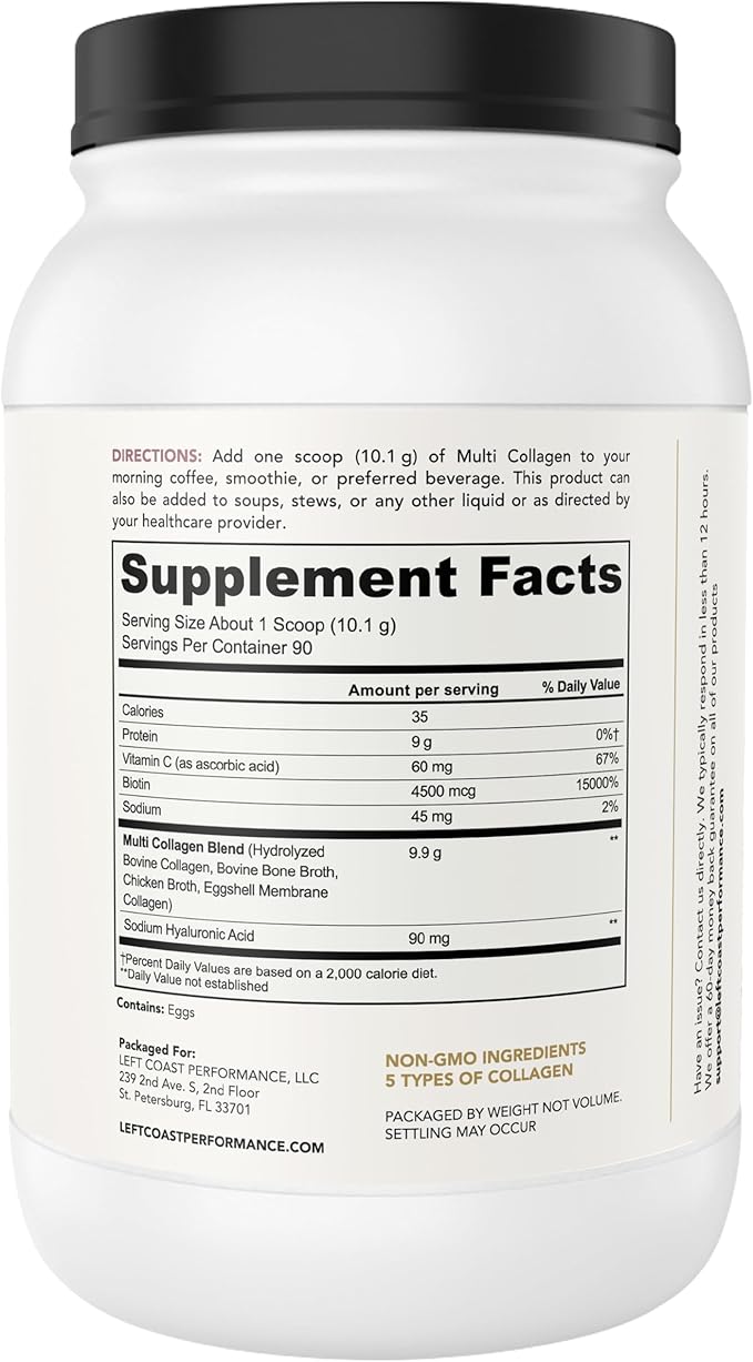 Multi Collagen Powder with Biotin, Hyaluronic Acid, Vitamin C (2lb Value Size) | Hydrolyzed Collagen Supplement (Types I, II, III, V, X). Hair, Skin, Nails for Women, Men