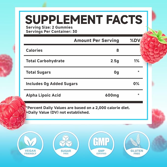 MEENCCD Alpha Lipoic Acid Gummies 600mg - ALA Supplement for Antioxidant Support, Vegan, Sugar-Free, Raspberry Flavor, 60 Count