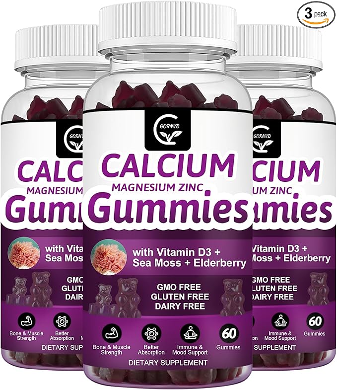 Calcium Magnesium Zinc Gummies with High Absorption Magnesium Glycinate 300mg, Potassium - Plant Complex Calcium Magnesium 2:1 Ratio, with D3 Sea Moss for Bone, Immune & Sleep Support, Vegan-2 Pack