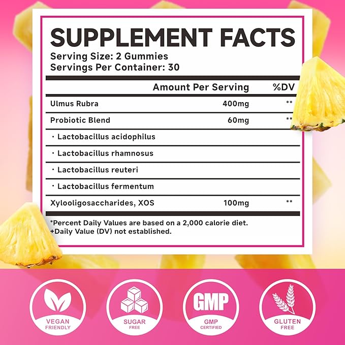 Her Juicy Feminine Probiotics Gummies with Slippery Elm & Lactobacillus Blend, Supports pH Balance & Immune Function, Promotes Vaginal Wellness, Pineapple Flavor, 60 Count