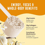 FlavCity Vanilla All in One Protein Shake Powder - On the Go Meal Alternative + Collagen Peptides, Reishi & Cordyceps - Focus, Skin, Hair & Joint Support - 100% Grass Fed Whey, 20 Servings