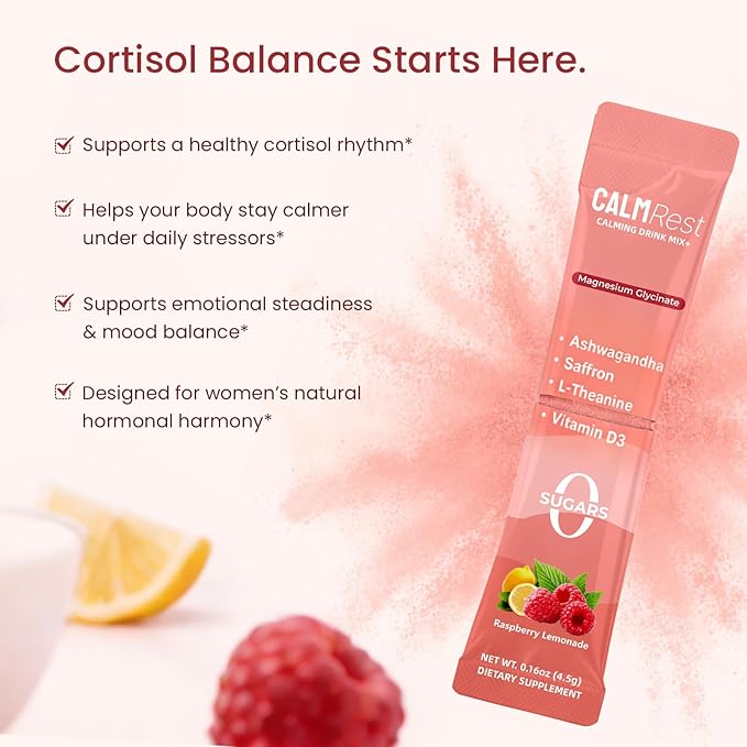 Calm Magnesium Powder Cortisol Supplement for Women, Supports Sleep, Stress Relief & Relax with Ashwagandha, Saffron, L Theanine, Vitamin D3, No Sugar, 15Ct, Raspberry Lemonade