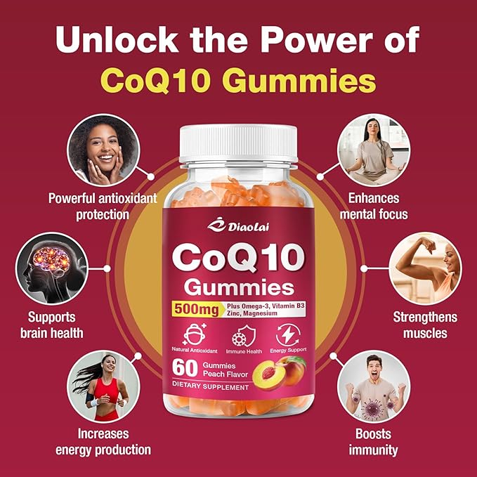 CoQ10 Gummies - 500mg per Serving with Omega-3 (EPA & DHA), B3 & Zinc - Supports Immunity & Energy - Delicious Orange Flavor - Non-GMO, Gluten-Free - 60 Count