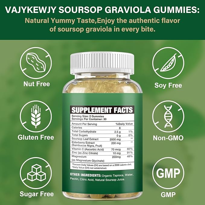 Soursop Graviola Gummies - 2000mg Extra Strength Soursop Leaves Extract, Vitamin C, Zinc & Whole Natural Food for Immunity, Vegan, 60 Gummies