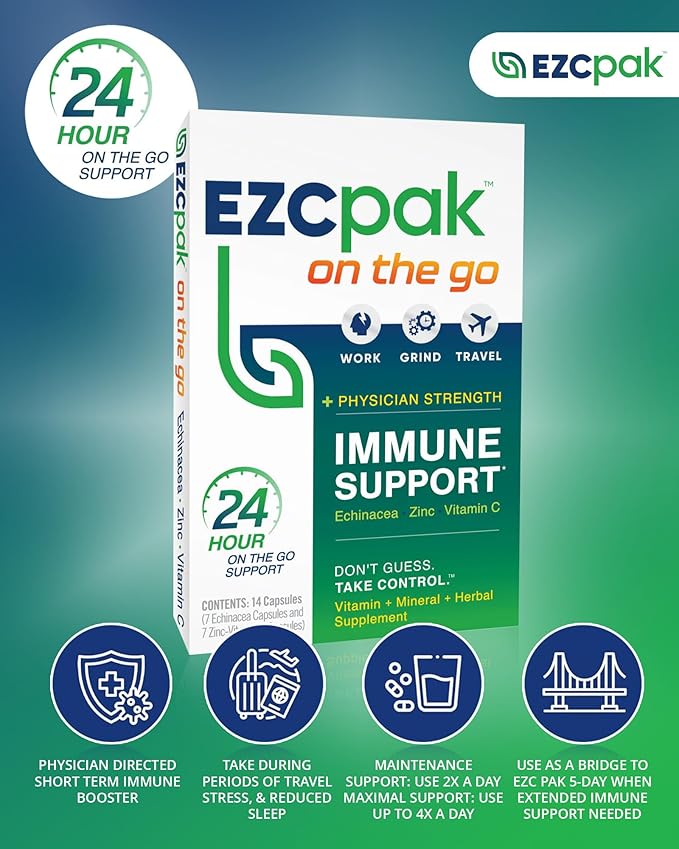 EZC Pak On The Go Immune System Booster with Echinacea, Vitamin C, Zinc, Immune Support Supplement, Immunity Vitamins for Adults, Travel-Friendly Packaging, Vegetarian, Gluten-Free