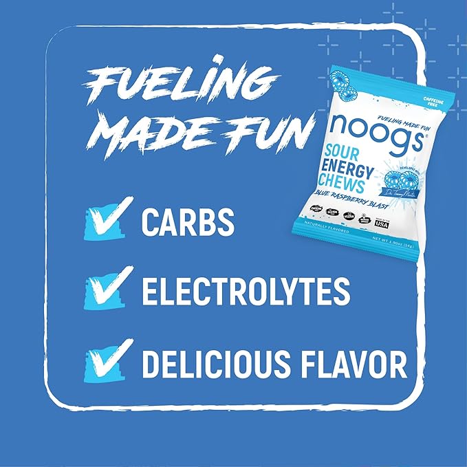 Noogs Sour Energy Chews, Blue Raspberry Blast Electrolyte Energy Gummies, Sour Candy Flavored Alternative to Running Gels, Vegan, Gluten Free & Caffeine Free, 12 Pack