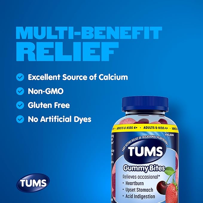 TUMS Gummy Bites Dietary Supplement for Occasional Heartburn Relief, Upset Stomach and Acid Indigestion, Cherry Berry Burst - 108 Count