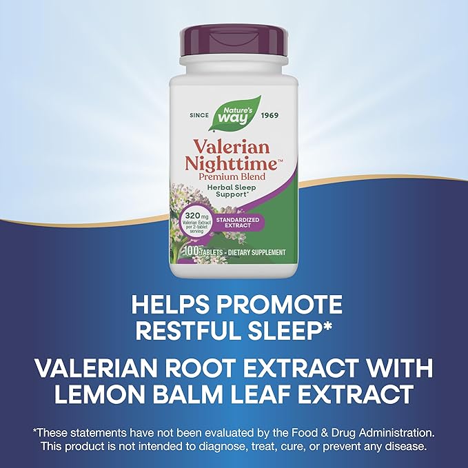 Nature's Way Valerian Nighttime Premium Blend, Herbal Sleep Support Supplements*, 320 mg of Valerian Extract per 2-tablet serving, Gluten-Free, 100 Tablets (Packaging May Vary)