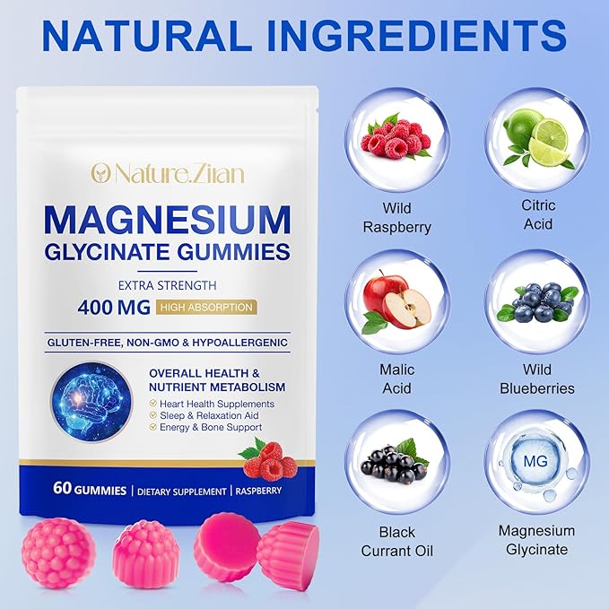 Magnesium Glycinate Gummies 400mg, for Women and Men, Body Support and Relaxation, 60 Gummies