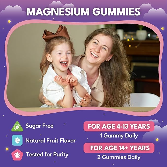 Magnesium Calming Gummies for Kids 4+ & Adults, Sugar Free Magnesium Supplement with L-Theanine, Chamomile, Vitamins B6, D3, K2, Zinc for Sleep, Relaxation, Focus & Muscle Support, Strawberry Flavor
