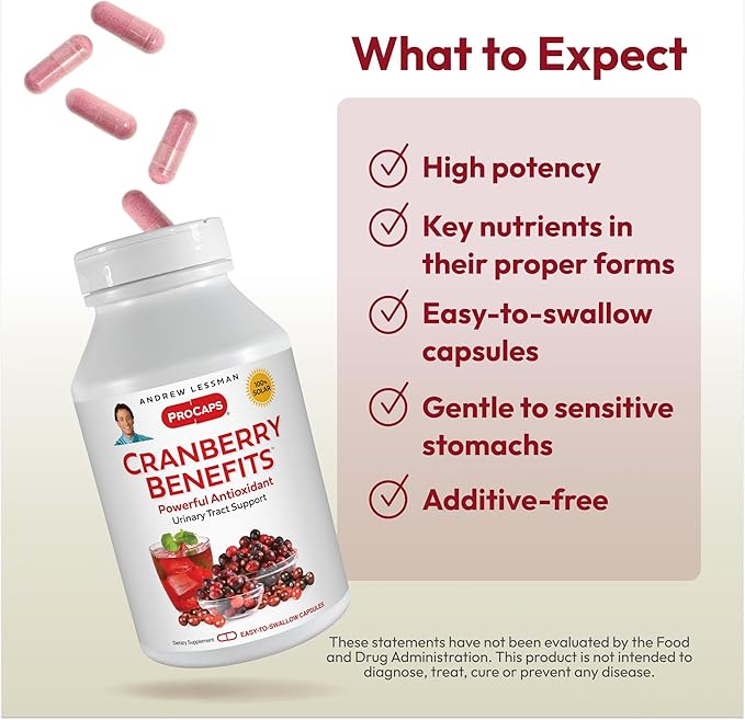 ANDREW LESSMAN Cranberry Benefits - 180 Capsules - Supports Bladder, Kidney and Urinary Tract Health. High Potency Standardized Extracts of Cranberry Fruit, Small Easy to Swallow Capsules