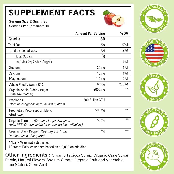 Apple Cider Vinegar Gummies, GLP-1 Support Keto ACV Gummies Max Strength 2000mg Apple Cider Vinegar with Mother, Probiotics & Vitamin B12, for Digestion, Metabolism, Cleanse & Detox Diet (2 Packs)