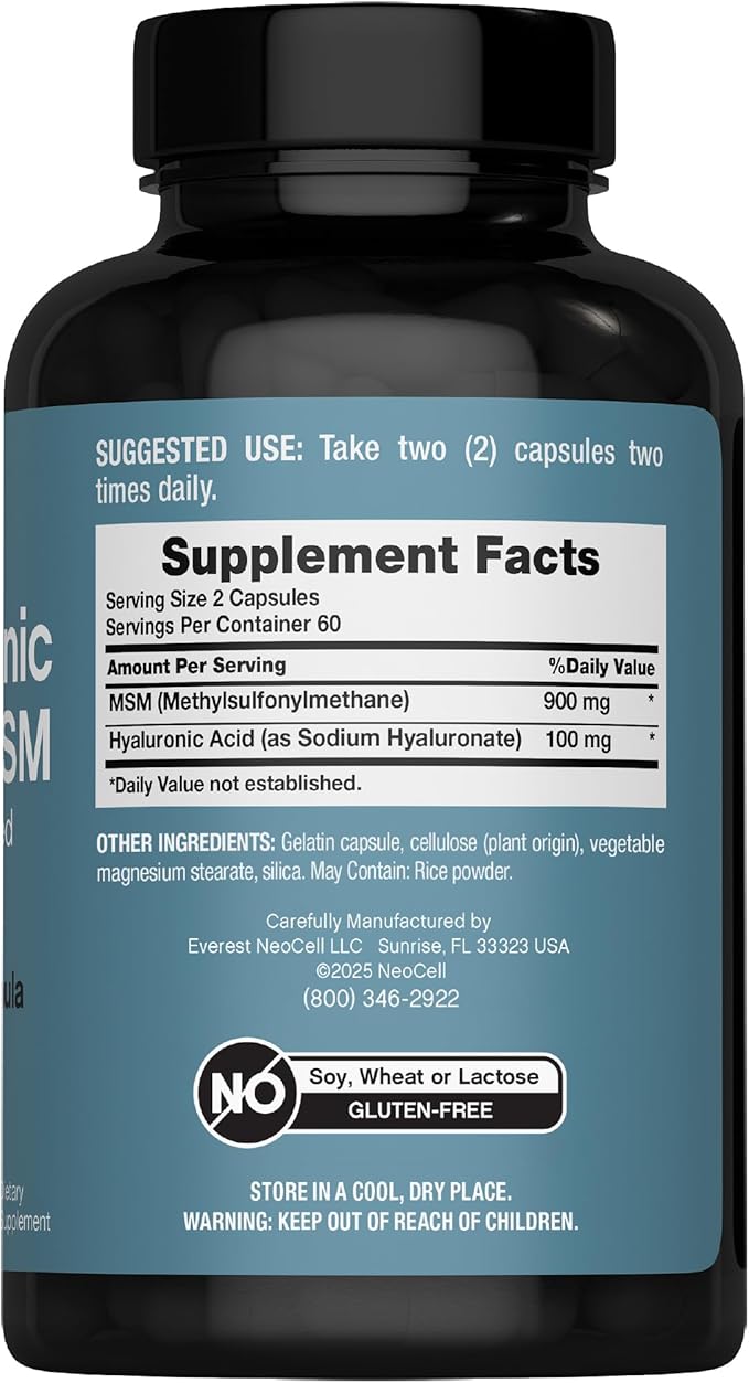 NeoCell Hyaluronic Acid with MSM 1000mg | 120 Capsules | Advanced Formula Supplement | Clinically Studied Ingredients