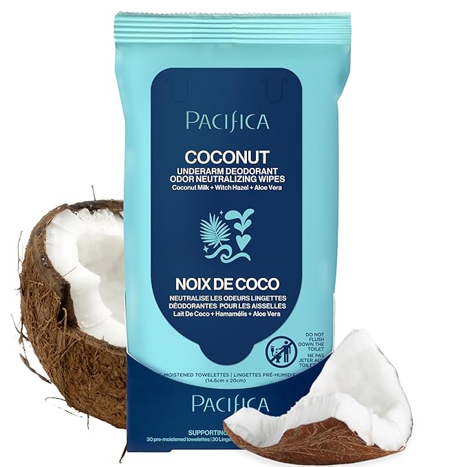 Pacifica Beauty Coconut Milk & Essential Oils Underarm Deodorant Wipes, Helps Remove Odor, Aluminum-Free, Vegan & Cruelty-Free, 30 Wipes (1-Pack)