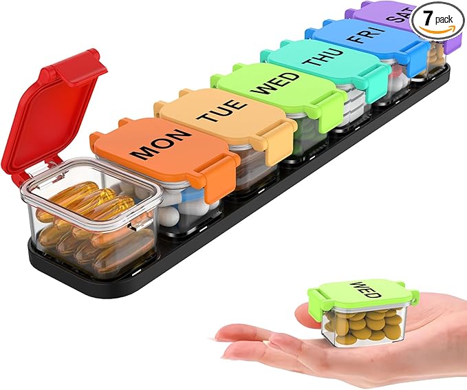 Extra Large Weekly Pill Organizer 7 Day - Portable Daily Pill Box with 7 Detachable Compartments, Vitamin Holder and Medicine Organizer for Supplements, Home and Travel, Rainbow