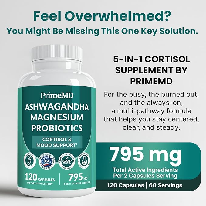PrimeMD 5-in-1 Cortisol Supplement for Women and Men with Ashwagandha for Calmness, Focus, and Adrenal Support Supplements with Shilajit Extract, Magnesium Glycinate, Probiotics (120 ct) (Pack of 4)
