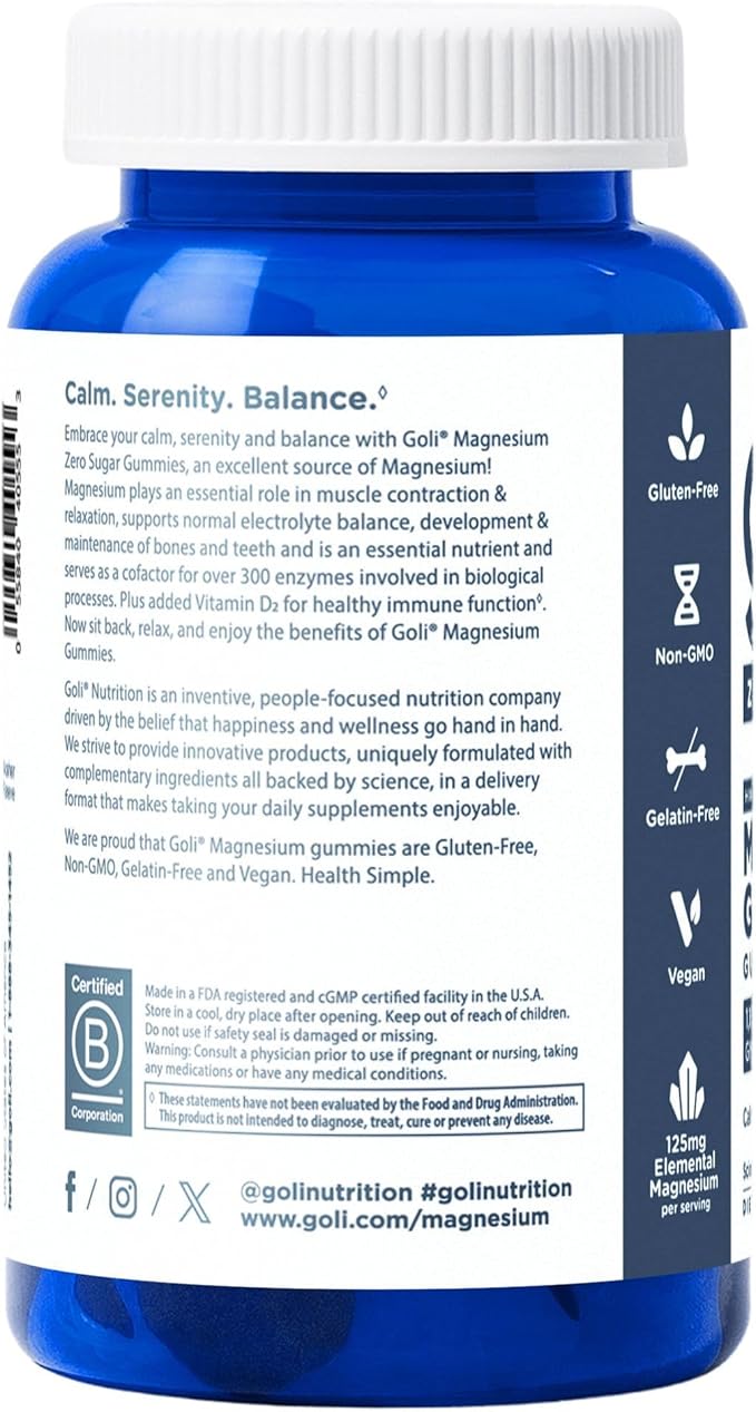 Goli Zero Sugar Magnesium Gummies - 125mg Magnesium Citrate with Vitamin D - No Artificial Sweeteners, No Sugar Alcohols - Vegan, Keto-Friendly, Gluten-Free