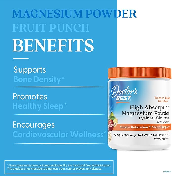 Doctors Best High Absorption Magnesium Powder Lysinate Glycinate 100% Chelated, Muscle Relaxation & Sleep Support, Gluten Free, Vegan, 100% Chelated Net Wt. 12.1 oz (340 Grams), Fruit Punch Flavor
