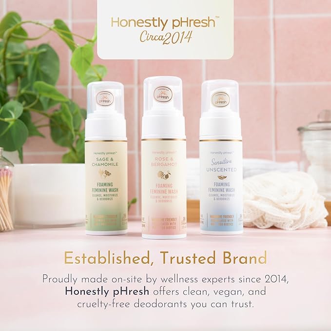 Honestly pHresh Foaming Feminine Wash for Women – pH Balanced Natural Intimate Cleanser with Prebiotics & Probiotics. Vegan, Sensitive Skin Safe. Made In USA - Rose & Bergamot Scent, 5 oz