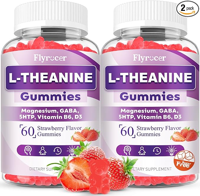 2 Pack L-Theanine Gummies, L Theanine Supplement for Adults & Kids, L'Theanine with Ashwagandha, Magnesium, 5HTP & GABA - Support Calm, Relax, zzZ, Focus, Vegan Strawberry Flavor, 120 Count