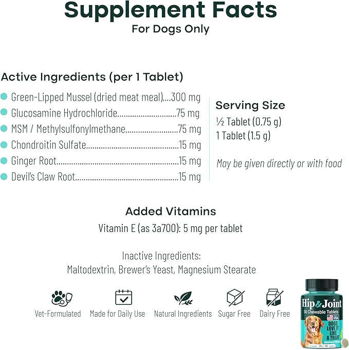 Natureflow Hip & Joint Supplement for Dogs, 300mg Green-Lipped Mussel for Dog Arthritis Pain Relief, Glucosamine, MSM & Chondroitin, Zero Sugar, Large Medium Small Breeds, 100 Chewable Tablets
